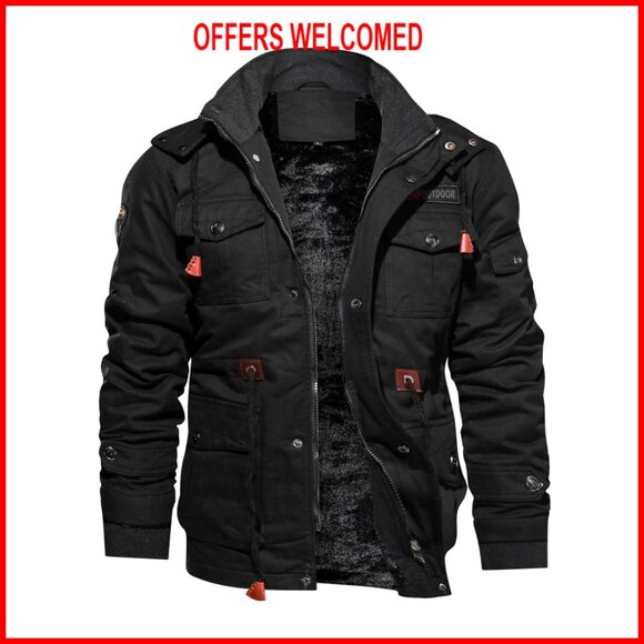 Men's Fleece Lined Military Jacket with Hood and Utility Pockets